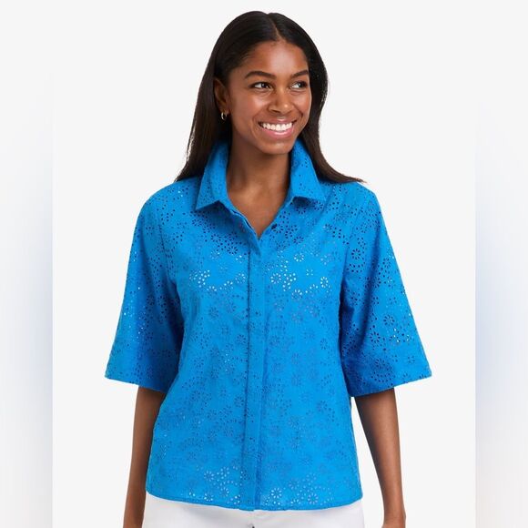 NWT Draper James Evelyn Short Sleeve Button Front Top in Eyelet Royal Blue - Picture 1 of 8